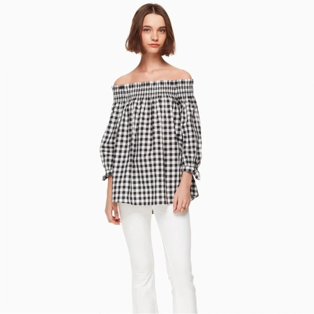 Authentic Kate Spade Gingham Off Shoulder Top Cotton Smocked M